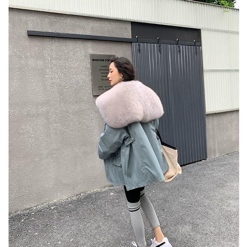 Parker Overcome Women's Detachable Imitation Fox Large Fur Collar Plush Liner Short Faux Fur Jacket Women's Warm Loose Large Size Cotton Jacket