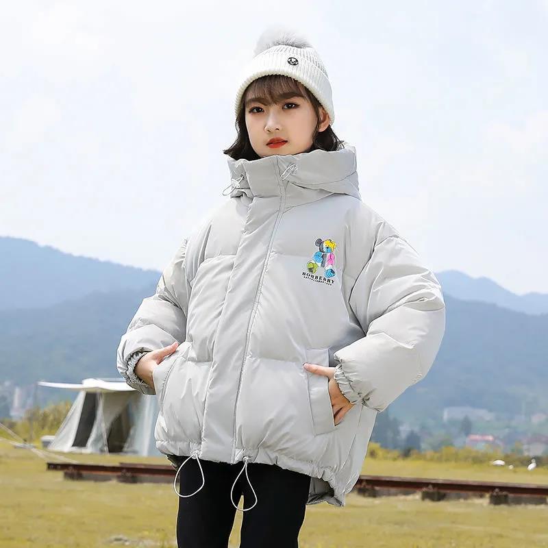 Girls' Winter Warm Down Jacket Glossy Disposable Cotton Clothes Short Padded Windproof Hooded Jacket