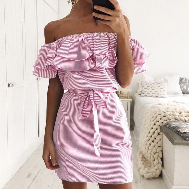 Large Size Women's Summer Dress One-shoulder Fashion Ruffled Striped Loose Waist Dress Casual Strapless