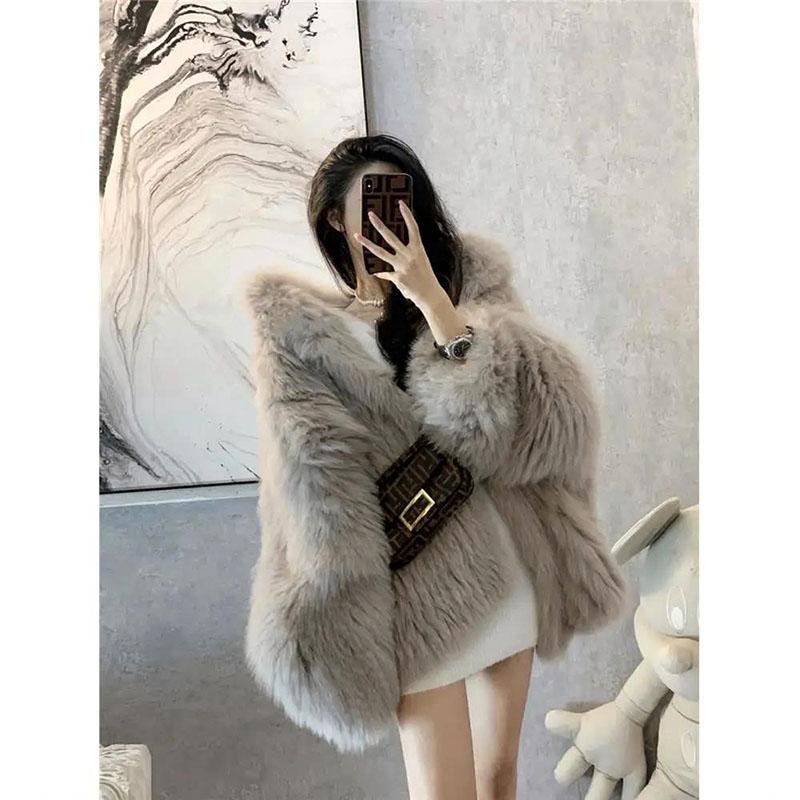 Winter Women's Fox Fur Mid-length Fur Collar Jacket Thick Faux Fur Hooded Jacket Korean Mid-length Mink Fur Plush Jacket