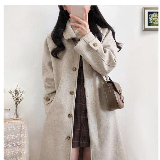 Black Long Woolen Winter Korean Style Over-the-knee Thick Coat for Female Students Loose and Thin Woolen Coat