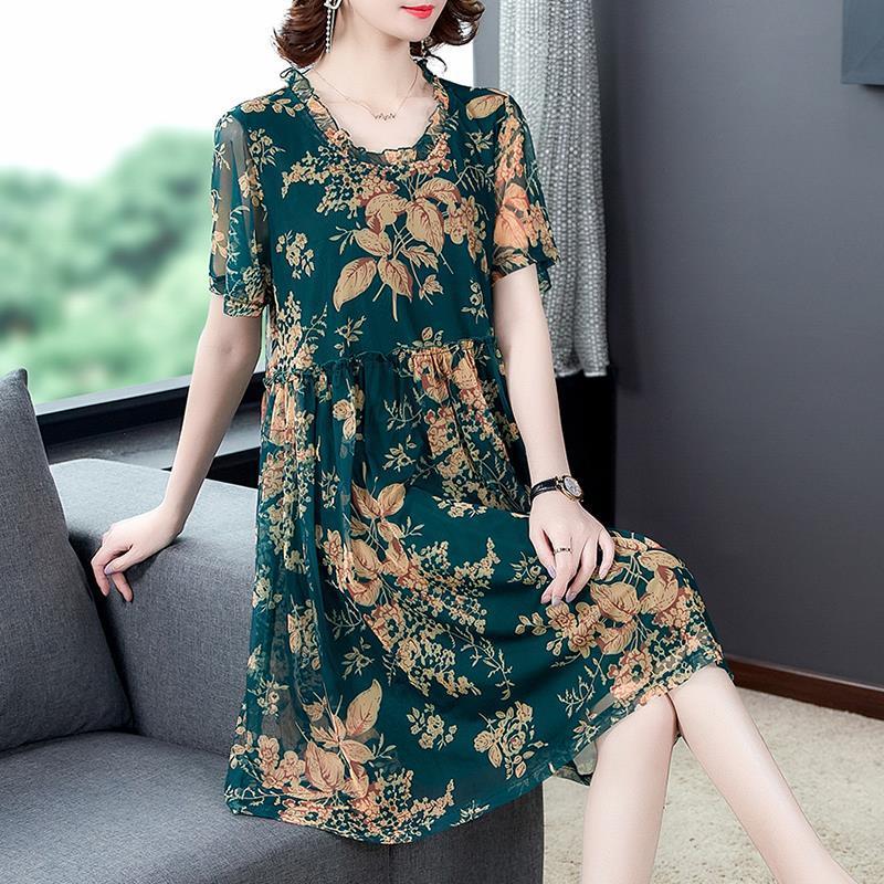 Women's Summer Dress XL-XXXXXL Chiffon Veil Short Sleeve Round Neck Printing Daily Wear