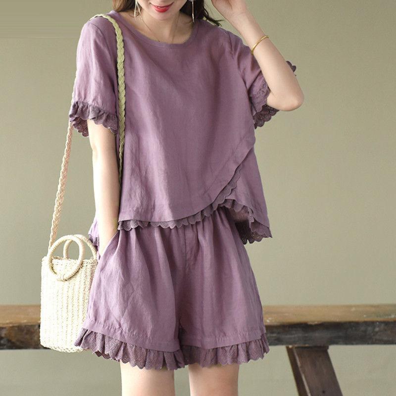 Suit Women Imitation Cotton Linen T-shirt Short-sleeved Top Wide-leg Shorts Two-piece Loose Large Size Casual Suit Home Service