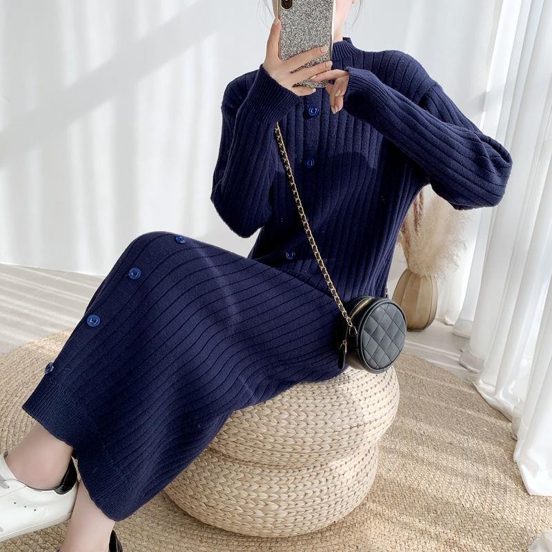 Long Sweater Over The Knee Retro Single-breasted Base Knitted Autumn and Winter Women's Dress