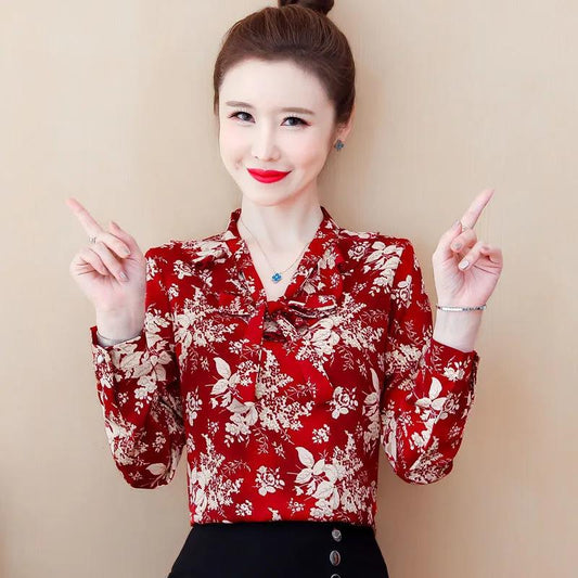 Floral Chiffon Shirt Women's Spring Western Style Cover Belly Bow Small Shirt All-match Loose Bottoming Top
