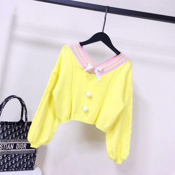 Spring and Autumn Short Sweater Puff Sleeve Waist All-match Blouse Sweet Style V-neck Female Blouse