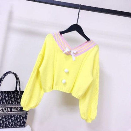 Spring and Autumn Short Sweater Puff Sleeve Waist All-match Blouse Sweet Style V-neck Female Blouse
