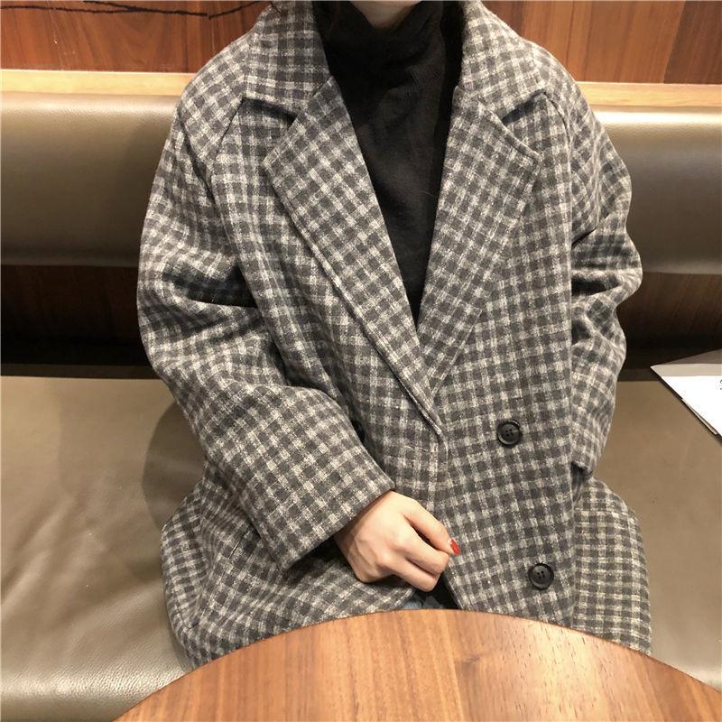 Winter Korean Mid-length Loose Lapel Thick Woolen Coat Women Retro Plaid Coat