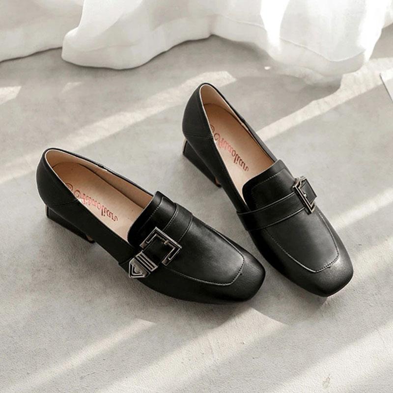 Soft Surface Comfortable Real Cowhide Thick Mid-heel Work Shoes Casual Shoes Single Shoes Women's Square Toe English Small Leather Shoes