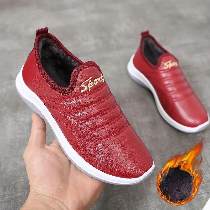 Winter Cotton Shoes Women Leather Waterproof Non Slip Black Plus Size Sneakers Women Sports Shoes Casual Light Running Shoes Thick Fleece Warm Shoes