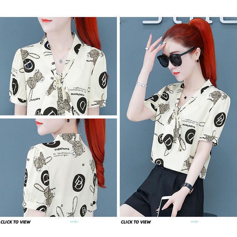Short-sleeved Chiffon Shirt Ladies Temperament Shirt Summer Top Women's Small Shirt V-neck Neckline Tie Bowknot Fabric Light and Breathable