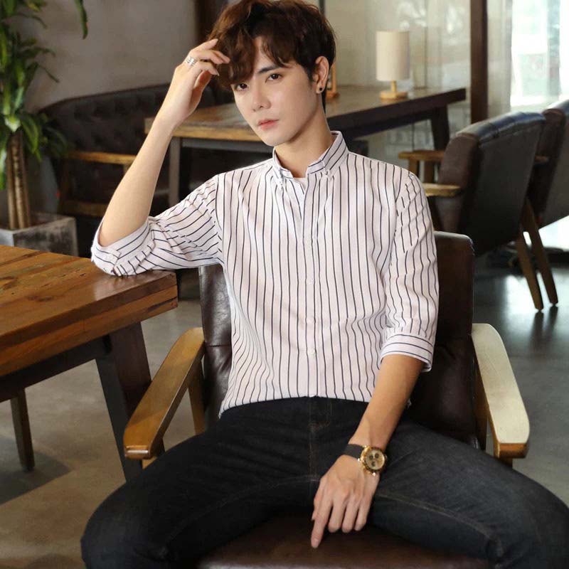 Spring and Summer Men's Mid-sleeve Striped Shirt Young Men's Summer Half-sleeve Casual Shirt