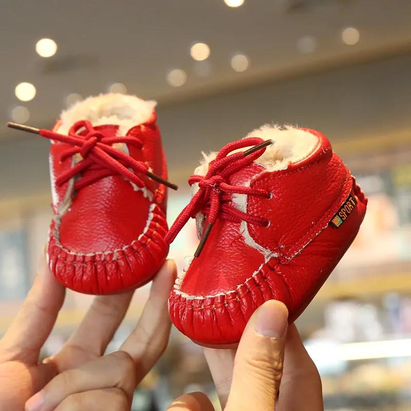 Winter 0-1-year-old Female Baby Leather Walking Shoes 6-12 Months Old Infant Thickened Cotton Shoes Soft Sole Does Not Fall Off To Keep Warm