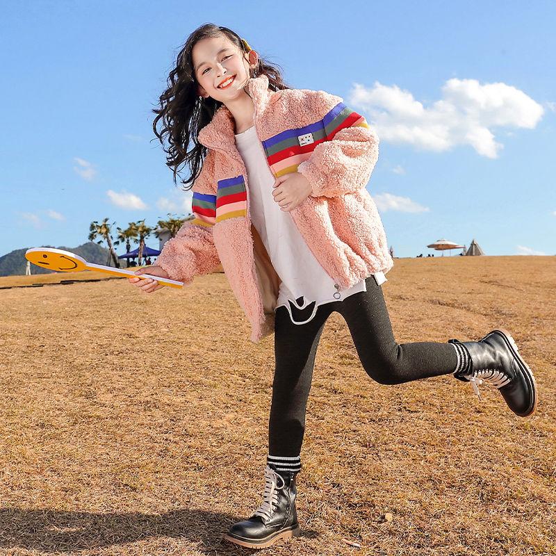 Girls' Jackets Autumn and Winter Clothes Lamb Wool Plus Velvet Thick Warm and Windproof Jacket
