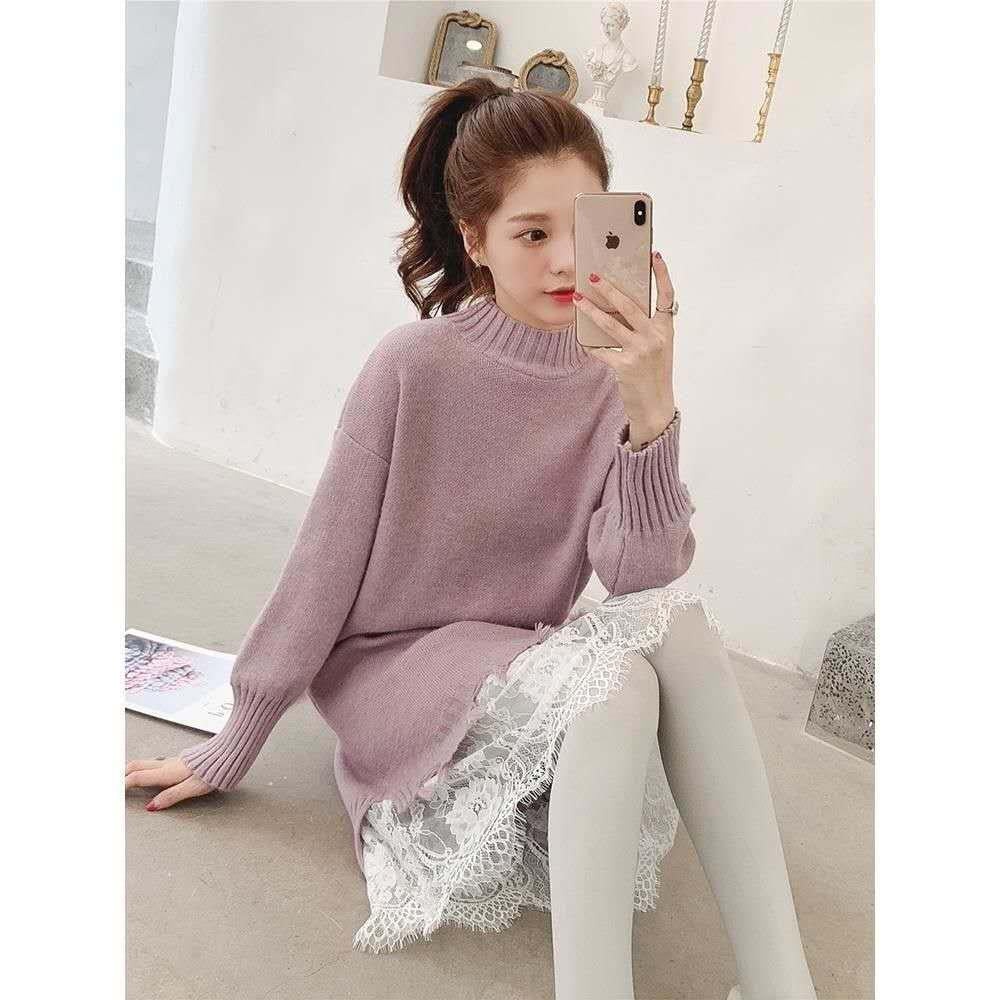 Pofulove 6 Colors Women Chic Pullover Sweater Dress  Half-Turtleneck Lace Knitted Long Skirt