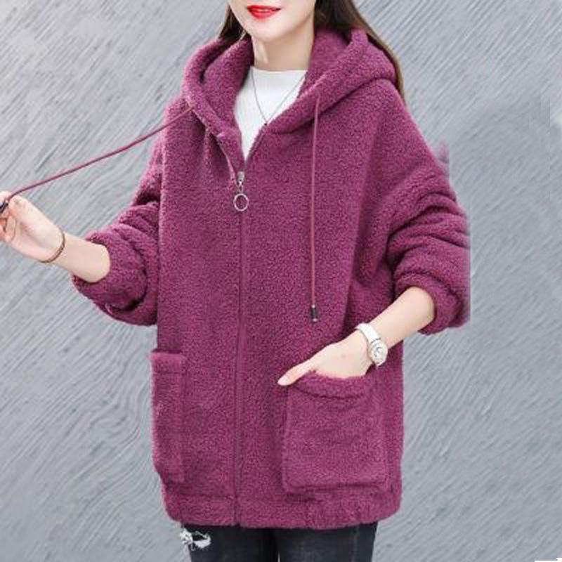 Lamb Velvet Cardigan Outwear Women Plus Velvet Thick Autumn Winter Loose Fashion Simple Hooded Jacket Women