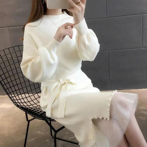 Women's Autumn and Winter Mid-length Half High Collar Pearl Two-piece Sweater Solid Color Mesh Splicing Belt Knitted Dress