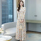 Jacquard V-neck Long-sleeved Dress Spring and Autumn Style Temperament Waist Slimming Slim Bow Long Dress Women's Fabric Light and Breathable