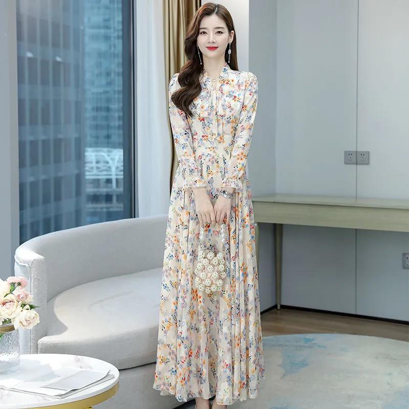 Jacquard V-neck Long-sleeved Dress Spring and Autumn Style Temperament Waist Slimming Slim Bow Long Dress Women's Fabric Light and Breathable
