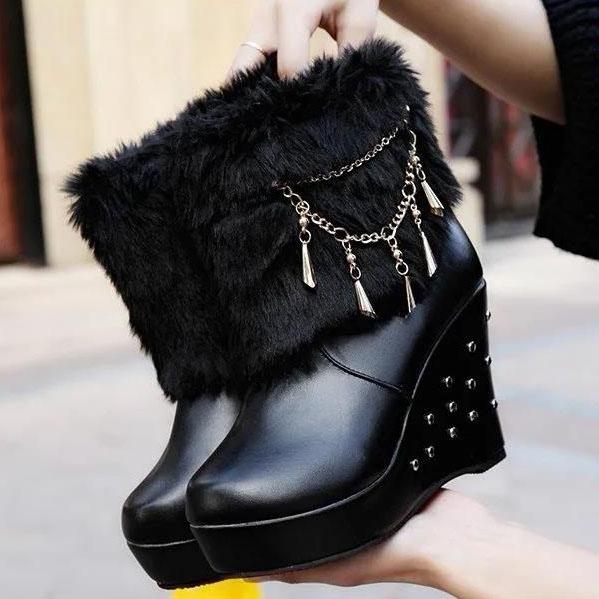Women's Winter Thick Soled High Heel Short Boots Simulated Rabbit Hair Women's Boots Waterproof Wedged-heel Snow Boots
