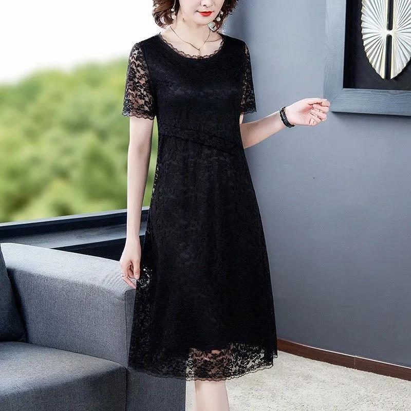 Women's Summer Short Sleeve Midi Dress Lace Loose Round Neck A-Line Skirt