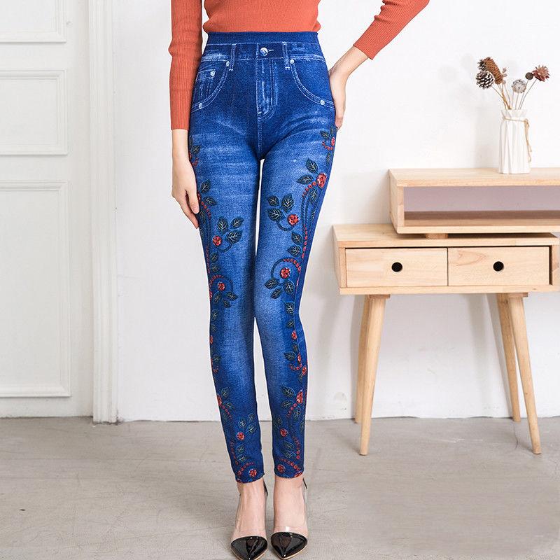 Colorful Floral Sexy Womens Skinny Blue Jean Denim Leggings Stretchy Jeggings Pants