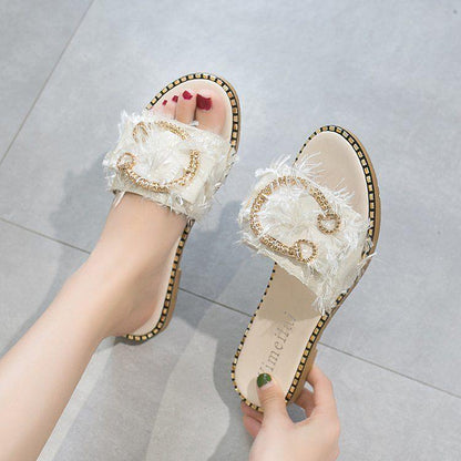 Textured fabric summer slippers women wear two wear soft ladies flat sandals and slippers at home
