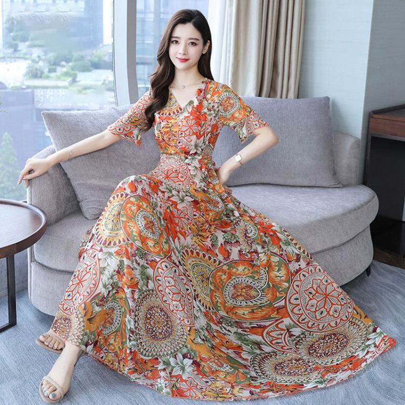 Dress Summer Women's Large Size Chiffon Waist Waist Was Thin Floral Long Skirt A-line Version Long Skirt Large Skirt Waist Waist Was Thin Beach Dress
