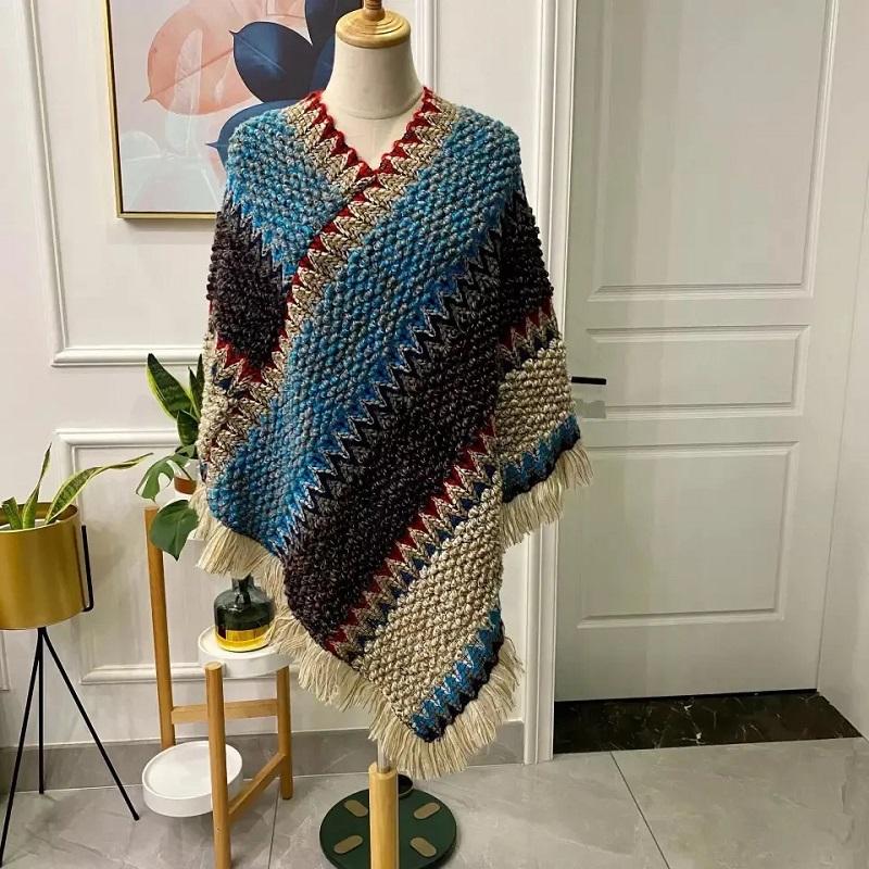 Ladies Ethnic Style Shawl Spring Autumn Striped Shawl Colorful Loose Coat Wild Bat-shaped Knitted Tassel Cloak Shawl Multifunctional Scarf Shawl