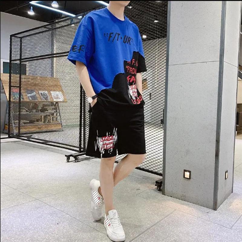 Summer Men's Contrast Color Short-sleeved T-shirt Sports Casual Suit Trendy Casual Five-point Shorts Handsome Summer