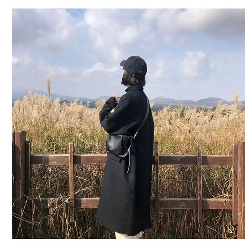 Winter Woolen Coat Women's Mid-length Black Western Style Loose and Thin Student Woolen Coat Women