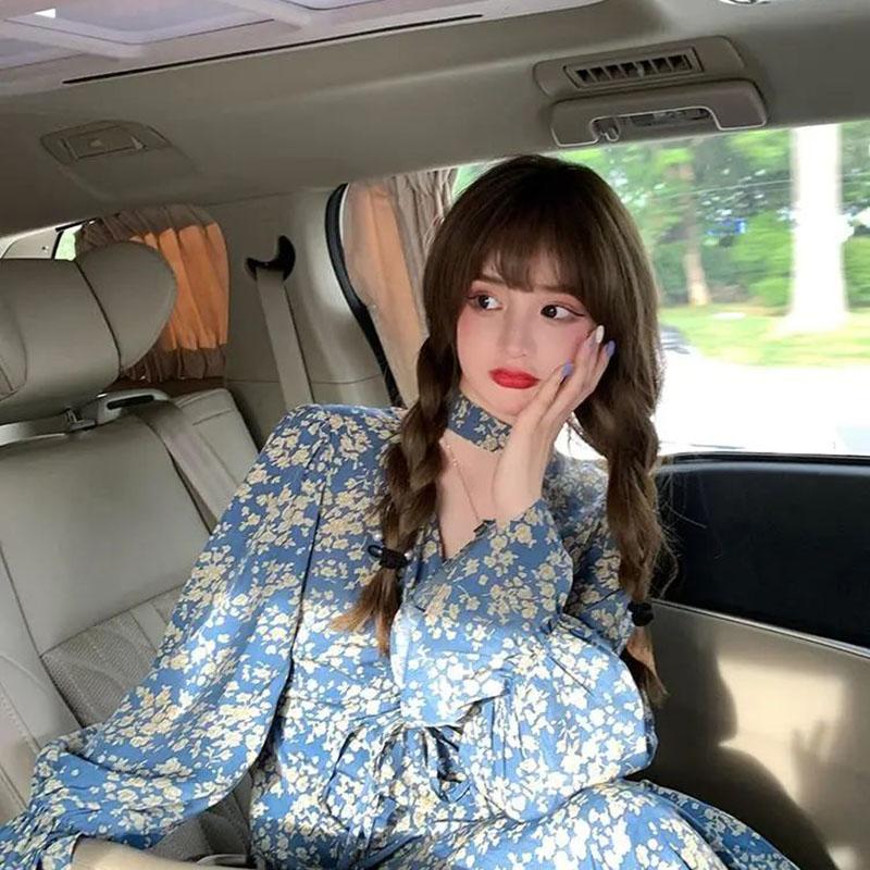Spring Japanese First Love Skirt V-neck Floral Dress Female Slim Waist Temperament Knee-length Skirt