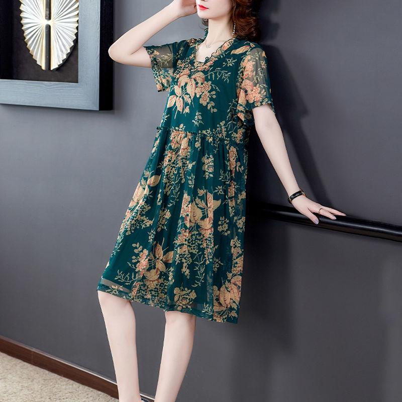 Women's Summer Dress XL-XXXXXL Chiffon Veil Short Sleeve Round Neck Printing Daily Wear