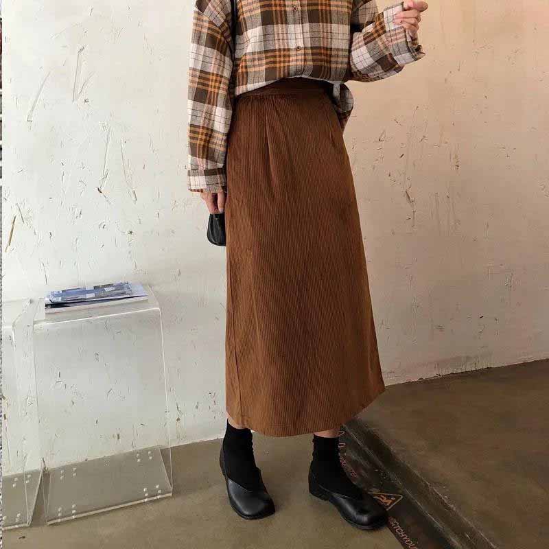 Corduroy Skirt Female Autumn and Winter Korean Version Was Thin and Wild Thick Retro High Waist Bag Hip Mid-length A-line Skirt