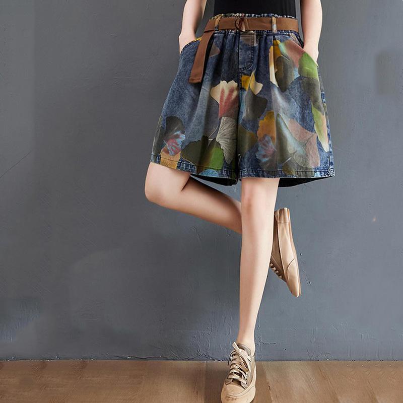 WTEMPO Women's Plus Size Retro Print Denim Shorts High Waist Look Thin Loose Wide Leg Shorts