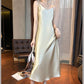 Women's Mid-length Slim Base Sleeveless Dress Pure Color Sexy Shiny Premium Texture Satin Silky Suspender Skirt