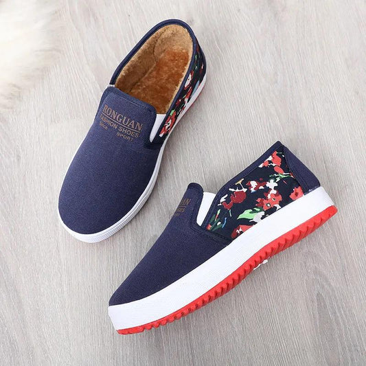 Winter Women's Shoes Korean One-step Lazy Cotton Shoes Flat Canvas Shoes Plus Velvet Warm Casual Shoes