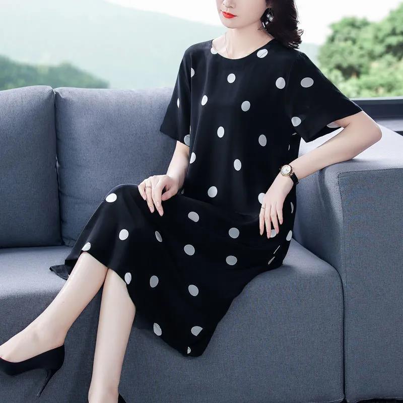 Polka Dot Dress Large Size Women's Short  Sleeve Round Neck Calf Length Daily Homewear