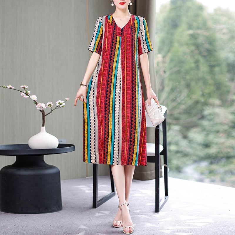 Loose Plus Size XL-XXXXXL Cotton Short-sleeved A-line V-neck Ruffle Dress Summer Printing Calf-length Skirt