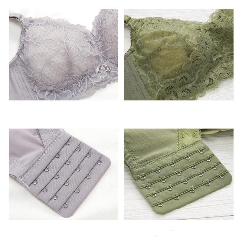 Women's Large Size Bra Full Cups Breathable No Steel Ring Bra Ultra-thin Soft Sexy Floral Lace Transparent Brassiere Hollow Out Adjustable Underwear