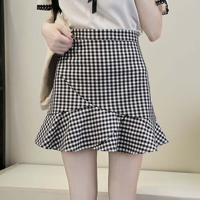 Pofulove Women Anti-light Mermaid Skirt High Waist Slim Sexy Plaid Mermaid Mini A-line Hip Skirt