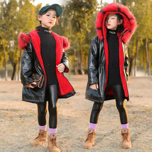 Girls Plus Velvet Thick Mid-length Winter Clothes Windbreaker Warm Coat with Large Fur Collar
