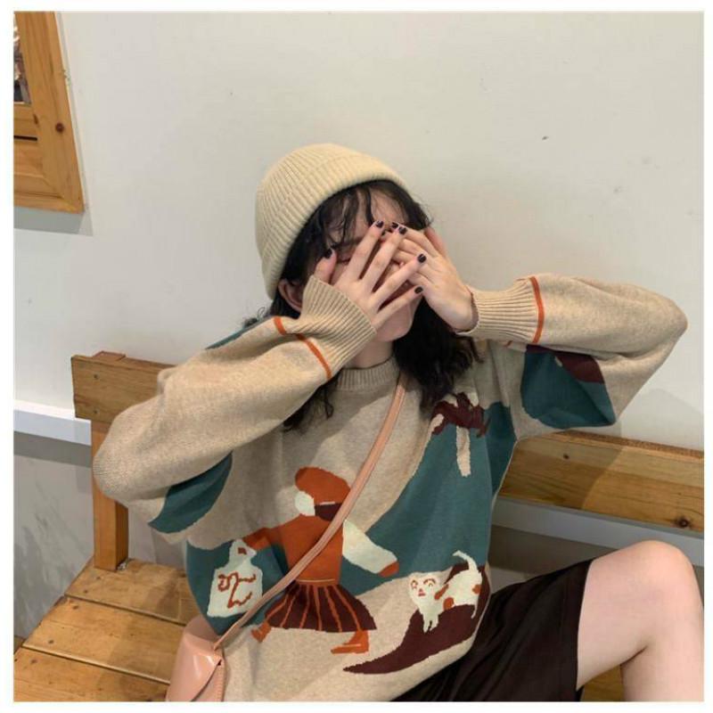 Pofulove Autumn Winter Drop Shoulder Sweater Women Fashion Korean Loose Jacquard Wild Sweater
