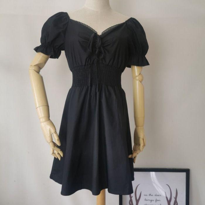Loose Black A-line Skirt Sexy Puff Sleeve Short Dress