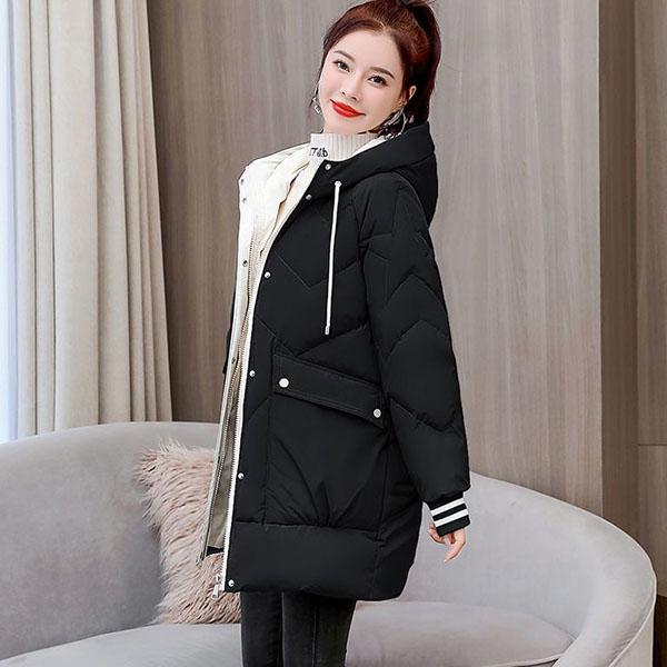 Women's Winter Mid-length Down Cotton Jackets Large Size Solid Color Loose Thickened Hooded Cotton Coats