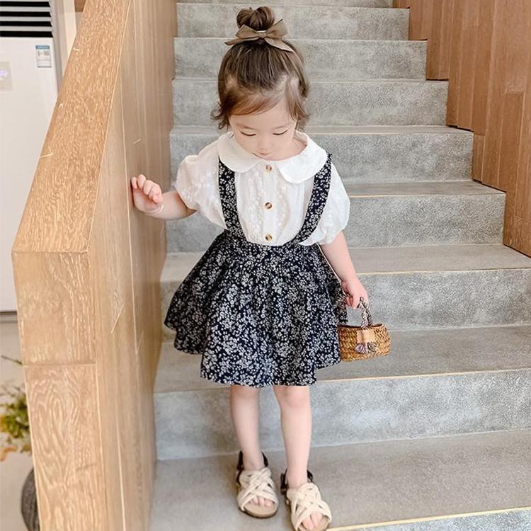 2PCS Children Clothing Set Spring Summer Girls Suits Broken Flowers Short Sleeve Tops + Braces Skirt Clothing Set