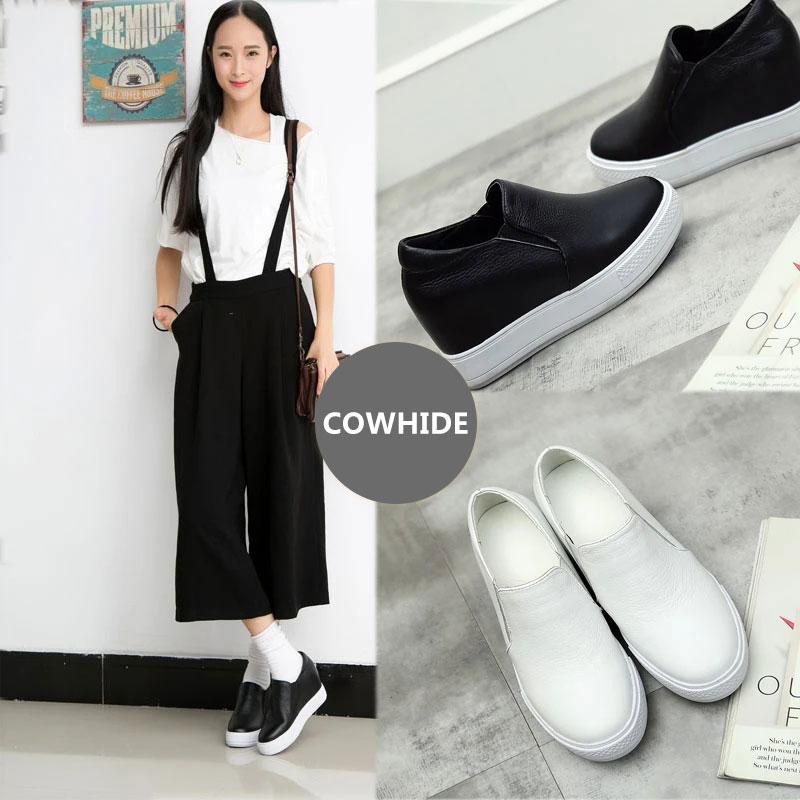 Women's 8cm Height-increasing White Shoes Single Shoes Real Cowhide Thick-soled Pedal Lazy Casual Shoes Flat-bottomed High-heeled Shoes for Students