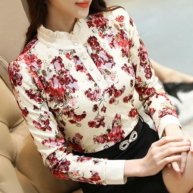 Women's Autumn Floral Printed Blouses Plus Size Thin Plush Tops Female Witner Long Sleeve Blouse