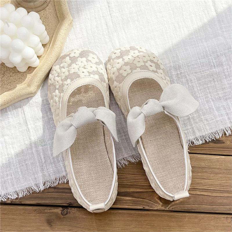 Cotton and Linen Embroidered Beanie Shoes Literary and All-match Single Shoes Sweet Bow Sandals Women's Comfortable Loafers