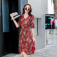Fashion Summer Cotton Drawstring Dress Medium-length Floral Dress Belt Flare Sleeve Irregular Dress